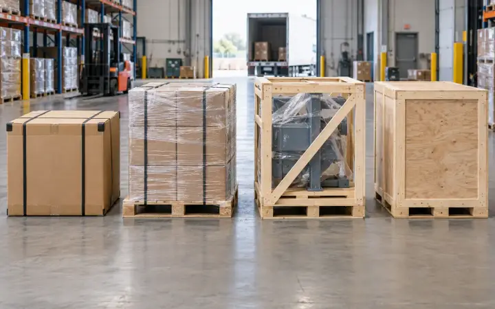Four commercial freight packaging methods shown side by side: a reinforced carton, palletized cartons, an open wooden frame, and a closed wooden crate.