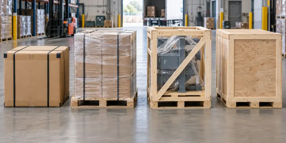 Four commercial freight packaging methods shown side by side: a reinforced carton, palletized cartons, an open wooden frame, and a closed wooden crate.