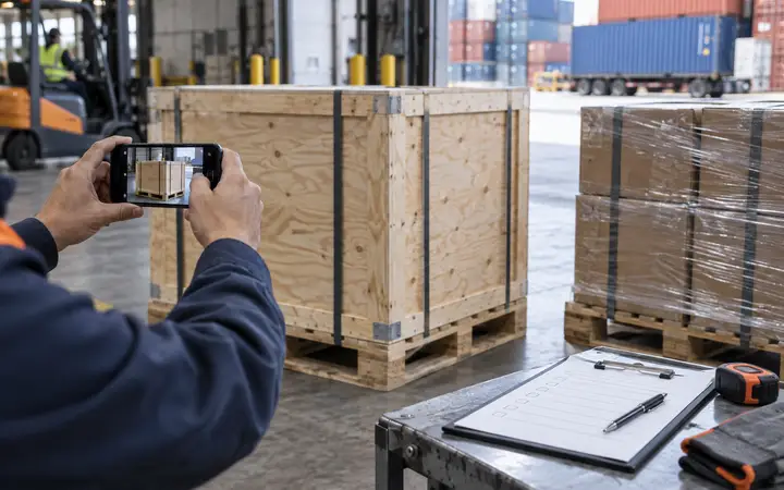 Warehouse professional photographing a packed wooden crate before international freight transport.