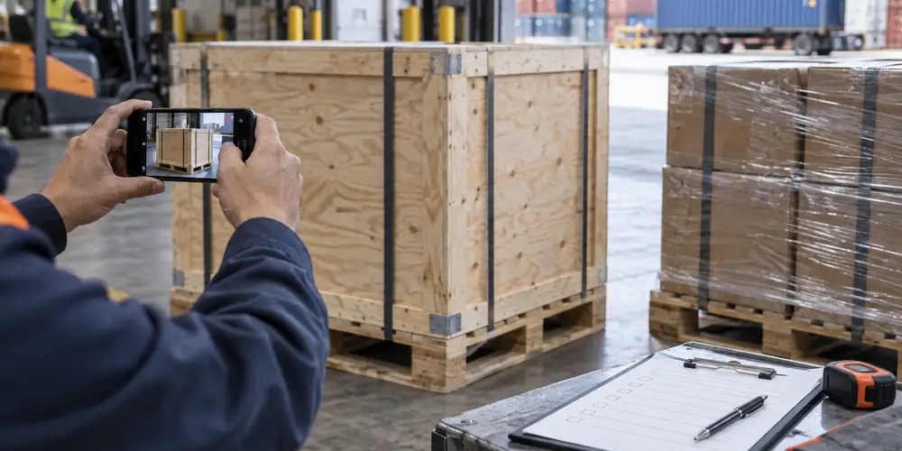Warehouse professional photographing a packed wooden crate before international freight transport.
