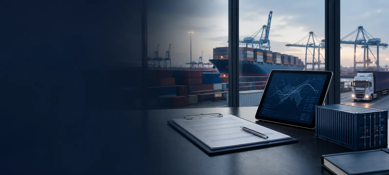 Freight planning desk overlooking a container terminal