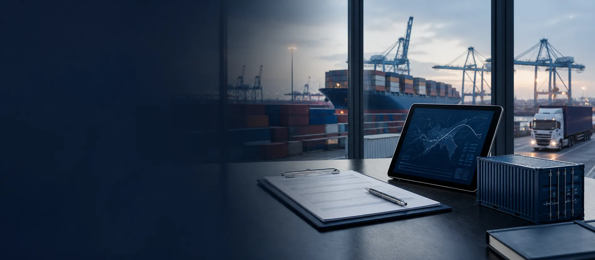 Freight planning desk overlooking a container terminal