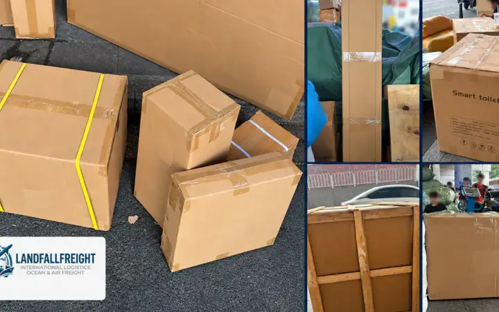 Collage showing mixed cartons, long cargo, large packaged goods and wooden-frame protection during consolidation in Guangzhou.