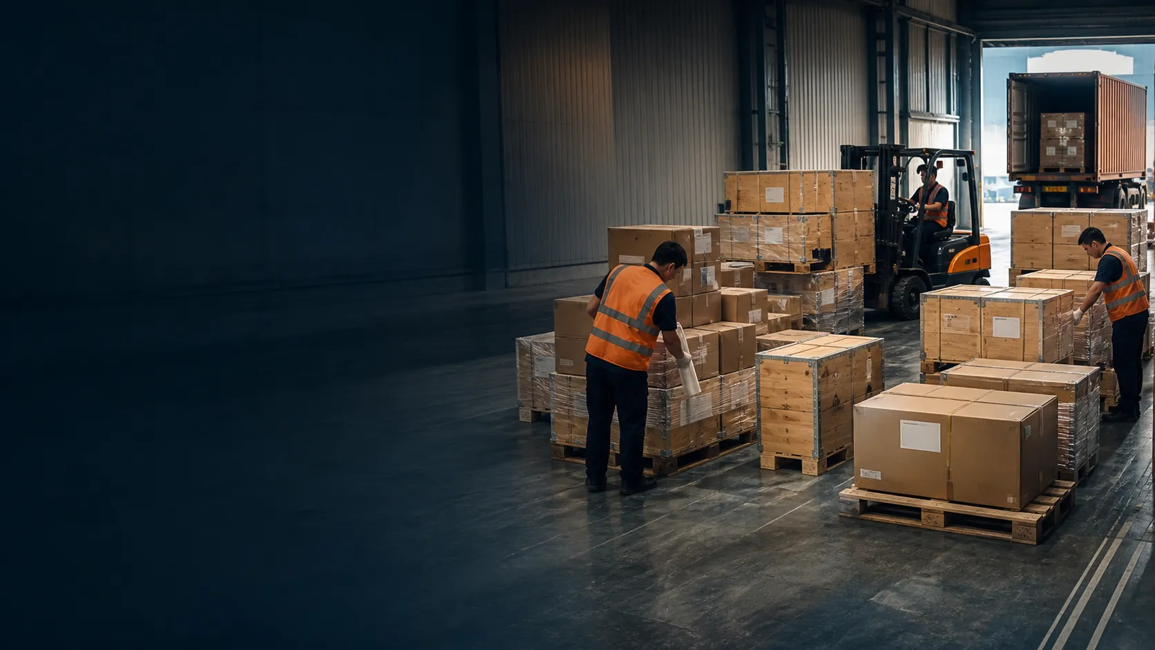 Commercial cargo from multiple suppliers being consolidated in a warehouse