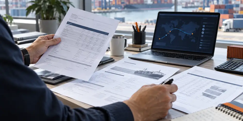 Import operations professional reviewing freight documents and a shipment route before booking.