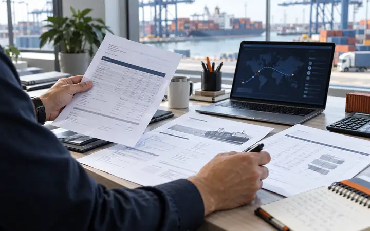 Import operations professional reviewing freight documents and a shipment route before booking.